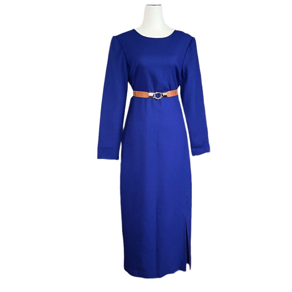 VTG 90s J.G. Hook Wool Shift Dress Royal Blue Long Sleeve Preppy Academia Size12